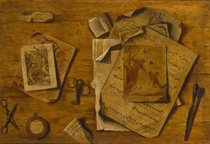 Framed Print : Trompe-l??il with musical score, drawings and keys, c. 1800. Artist: Anonymous Framed Print : Trompe-l??il with musical score, drawings and keys, c. 1800. Artist: Anonymous