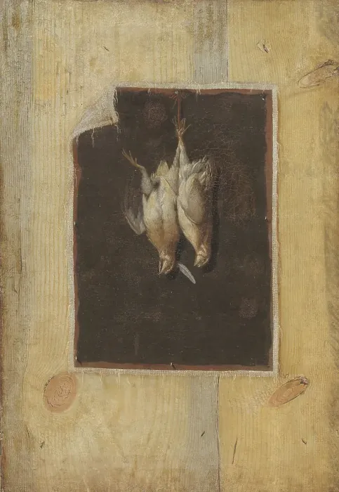 Framed Print : Trompe l'Oeil. Board Partition with a Still Life of Two Dead Birds Hanging on a Wall, 1670-1674. Creator: Cornelis Norbertus Gysbrechts Framed Print : Trompe l'Oeil. Board Partition with a Still Life of Two Dead Birds Hanging on a Wall, 1670-1674. Creator: Cornelis Norbertus Gysbrechts