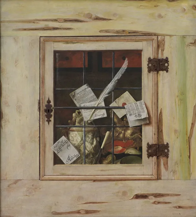 Framed Print : Trompe l'Oeil - A Closed Wall Cupboard with an Ivory Tankard and Other Objects, 1670. Creator: Cornelis Norbertus Gysbrechts Framed Print : Trompe l'Oeil - A Closed Wall Cupboard with an Ivory Tankard and Other Objects, 1670. Creator: Cornelis Norbertus Gysbrechts