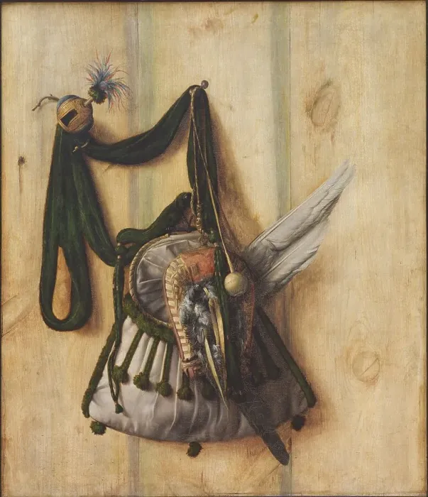 Framed Print : Trompe l'Oeil with Falconer's Bag and other Equipment for Falconry, 1671. Creator: Cornelis Norbertus Gysbrechts Framed Print : Trompe l'Oeil with Falconer's Bag and other Equipment for Falconry, 1671. Creator: Cornelis Norbertus Gysbrechts