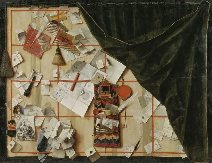 Framed Print : Trompe l'oeil of a Letter Rack with Christian V's Proclamation, 1671. Creator: Cornelis Norbertus Gysbrechts Framed Print : Trompe l'oeil of a Letter Rack with Christian V's Proclamation, 1671. Creator: Cornelis Norbertus Gysbrechts