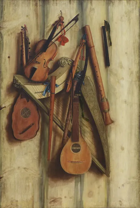 Framed Print : Trompe l'oeil with Musical Instruments, 1672. Creator: Gijsbrechts, Franciscus (1649-after 1677) Framed Print : Trompe l'oeil with Musical Instruments, 1672. Creator: Gijsbrechts, Franciscus (1649-after 1677)