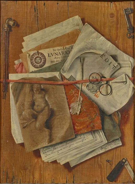 Framed Print : Trompe-l'oeil with papers, knife and pipe. Creator: Bordoni, Egidio Maria (active 1695-1723). Trompe-l'oeil with papers, knife and pipe