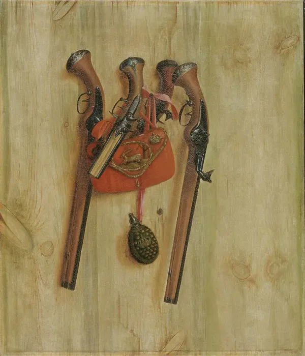 Framed Print : Trompe l'Oeil with Pistols;Board Partition with Pistols, 1672. Creator: Cornelis Norbertus Gysbrechts Framed Print : Trompe l'Oeil with Pistols;Board Partition with Pistols, 1672. Creator: Cornelis Norbertus Gysbrechts
