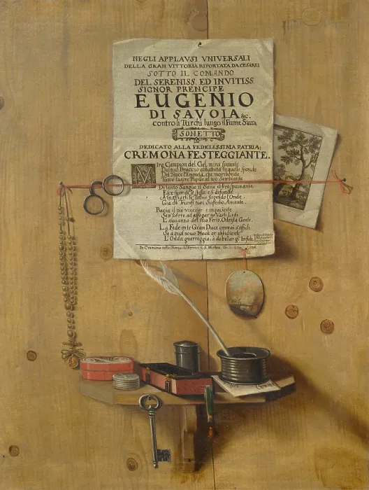 Framed Print : Trompe-l'oeil with a poem and writing utensils. Creator: Gianlisi, Antonio, the Younger (1677-1727). Trompe-l'oeil with a poem and writing utensils Framed Print : Trompe-l'oeil with a poem and writing utensils. Creator: Gianlisi, Antonio, the Younger (1677-1727). Trompe-l'oeil with a poem and writing utensils