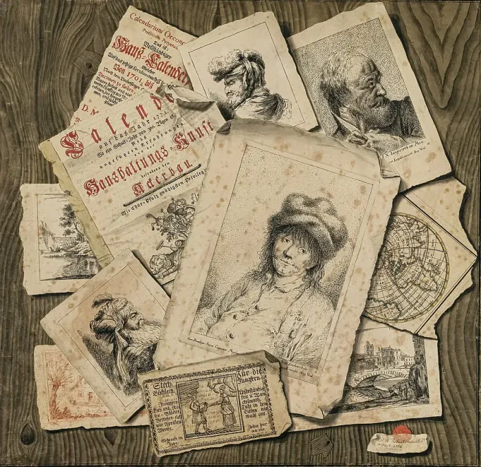 Framed Print : Trompe l'oeil. Prints and book tear-outs on wood, 1776. Creator: Robart; P. A. (active 1770s-1780s) Framed Print : Trompe l'oeil. Prints and book tear-outs on wood, 1776. Creator: Robart; P. A. (active 1770s-1780s)