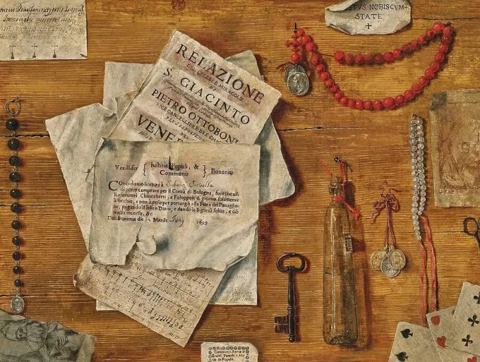 Framed Print : Trompe-l'oeil with several sheets of paper, a key, playing cards and objects attached to a... 1711. Creator: Bordoni, Egidio Maria (active End of 17th-Early 18th cen.) Framed Print : Trompe-l'oeil with several sheets of paper, a key, playing cards and objects attached to a... 1711. Creator: Bordoni, Egidio Maria (active End of 17th-Early 18th cen.)