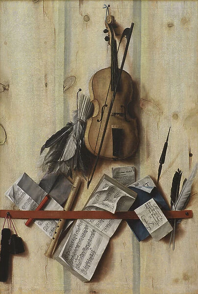Trompe l'oeil with Violin, Music Book and Recorder, 1672. Creator: Gijsbrechts, Cornelis Norbertus (before 1657-after 1675)