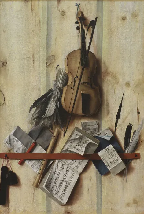 Framed Print : Trompe l'oeil with Violin, Music Book and Recorder, 1672. Creator: Gijsbrechts, Cornelis Norbertus (before 1657-after 1675) Framed Print : Trompe l'oeil with Violin, Music Book and Recorder, 1672. Creator: Gijsbrechts, Cornelis Norbertus (before 1657-after 1675)