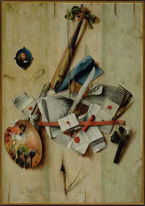Framed Print : Trompe l'oeil with Violin, Painting Tools and Self-Portrait, 1675. Creator: Gijsbrechts, Cornelis Norbertus (before 1657-after 1675) Framed Print : Trompe l'oeil with Violin, Painting Tools and Self-Portrait, 1675. Creator: Gijsbrechts, Cornelis Norbertus (before 1657-after 1675)