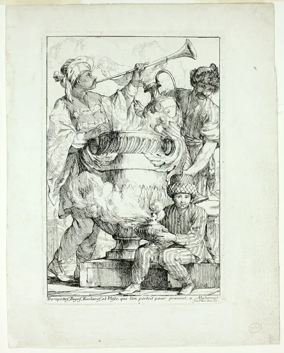 Framed Print : Trompettes, Pages, Esclaves, et Vases que l'on portait pour présent à Mahomet, from Carava... 1748. Creator: Joseph-Marie Vien the Elder Framed Print : Trompettes, Pages, Esclaves, et Vases que l'on portait pour présent à Mahomet, from Carava... 1748. Creator: Joseph-Marie Vien the Elder