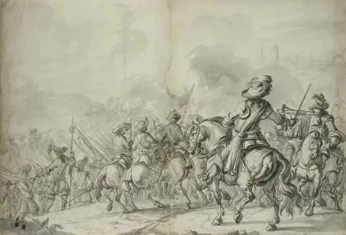 Framed Print : Troops advance towards a fortified city. Creator: Pieter Verhoek Framed Print : Troops advance towards a fortified city. Creator: Pieter Verhoek