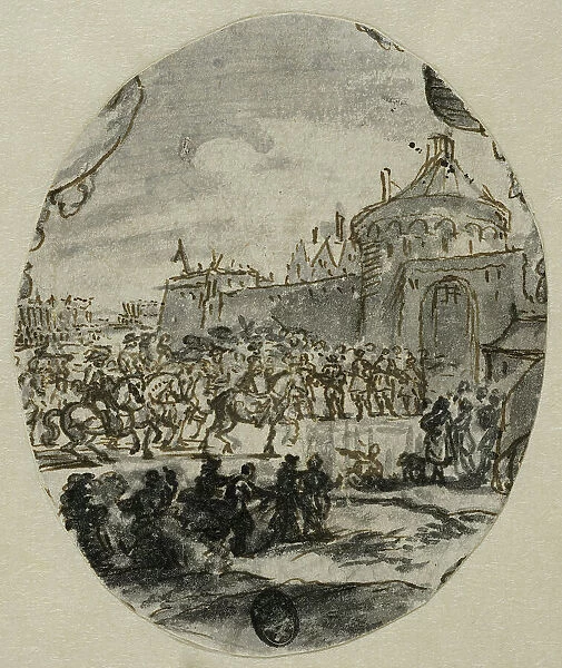 Troops in front of city gate. Creator: Romeyn de Hooghe