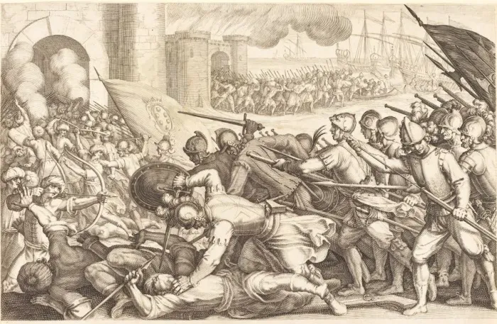Framed Print : The Troops Forcing the Gate of a Town, c. 1614. Creator: Jacques Callot Framed Print : The Troops Forcing the Gate of a Town, c. 1614. Creator: Jacques Callot