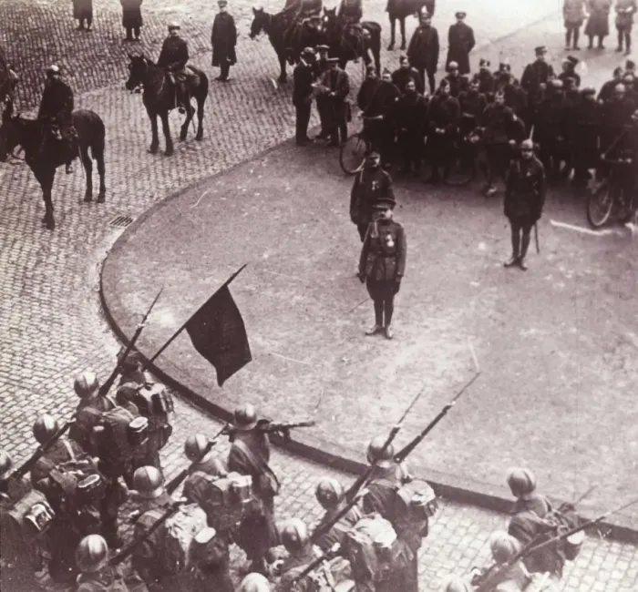 Framed Print : Troops marching, Aachen, Germany, c1914-c1918 Framed Print : Troops marching, Aachen, Germany, c1914-c1918