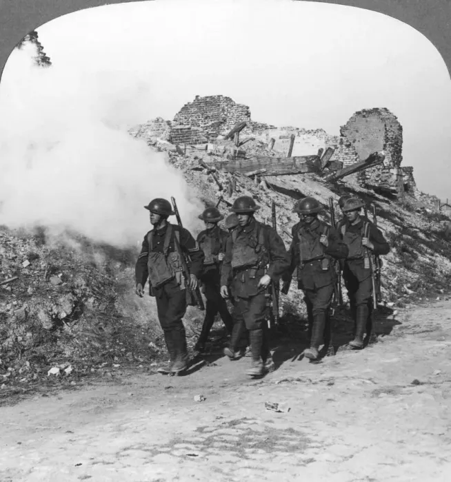Framed Print : Troops passing the ruins of Monchy on the way up the line, France, World War I, c1914-c1918. Artist: Realistic Travels Publishers Framed Print : Troops passing the ruins of Monchy on the way up the line, France, World War I, c1914-c1918. Artist: Realistic Travels Publishers