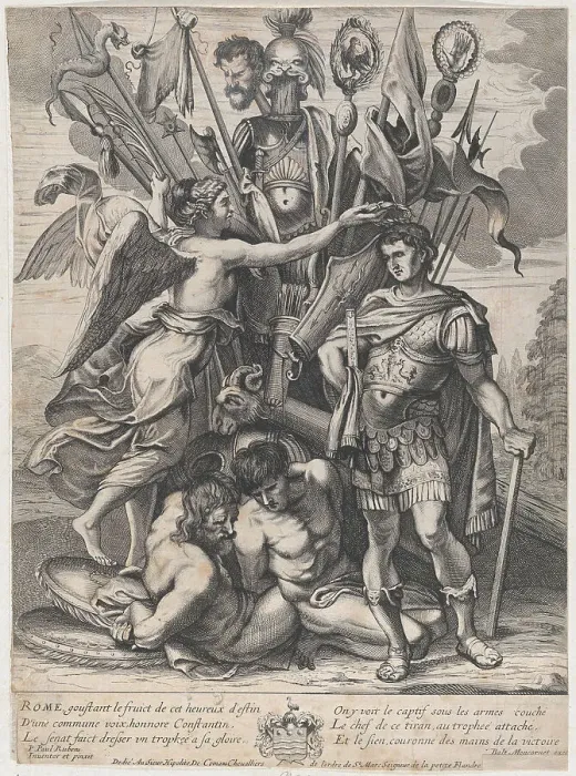 Framed Print : The Trophy of Constantine, with Victory at left crowning the emperor with a laurel... ca. 1650-68. Creator: Anon Framed Print : The Trophy of Constantine, with Victory at left crowning the emperor with a laurel... ca. 1650-68. Creator: Anon