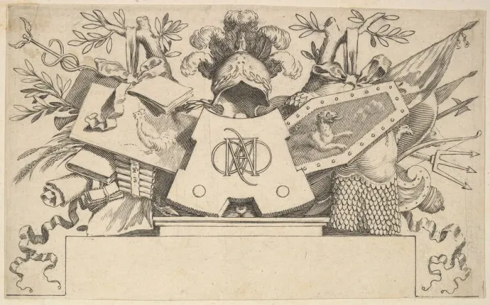 Framed Print : Trophy with Monogram Containing the Letters of LEONARDOS, 1651. Creator: Claude Mellan Framed Print : Trophy with Monogram Containing the Letters of LEONARDOS, 1651. Creator: Claude Mellan