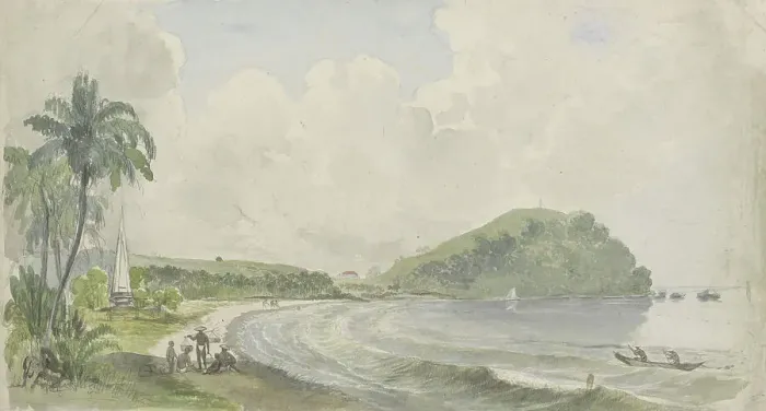 Framed Print : Tropical coastal landscape, 1845-1925. Creator: Julius Jacobus van de Sande Bakhuyzen Framed Print : Tropical coastal landscape, 1845-1925. Creator: Julius Jacobus van de Sande Bakhuyzen