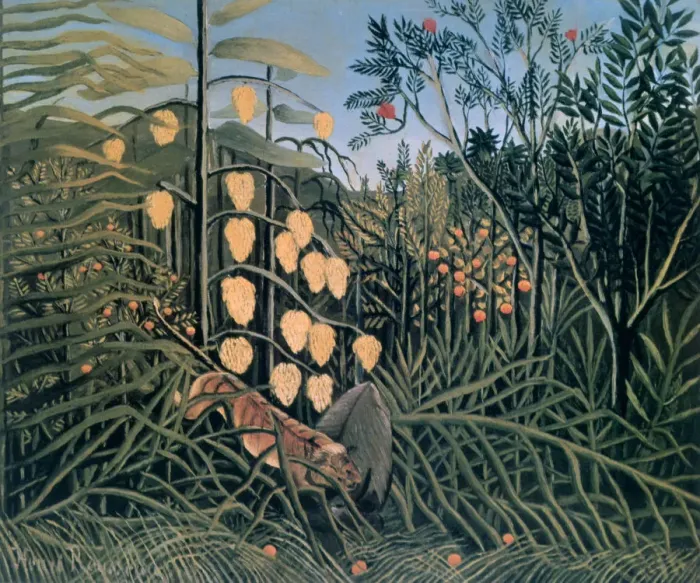 Framed Print : Tropical Forest: Battling Tiger and Buffalo, 1908. Artist: Henri Rousseau Framed Print : Tropical Forest: Battling Tiger and Buffalo, 1908. Artist: Henri Rousseau