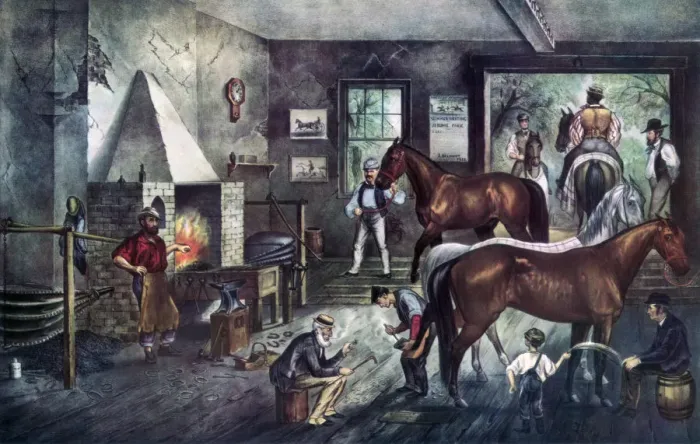 Framed Print : Trotting Cracks at the Forge, 1869. Artist: Currier and Ives Framed Print : Trotting Cracks at the Forge, 1869. Artist: Currier and Ives