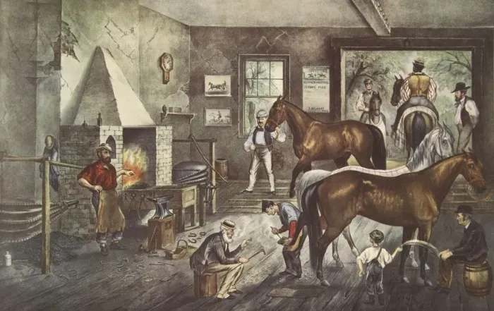 Framed Print : Trotting Cracks at the Forge, pub. 1869, Currier & Ives (Colour Lithograph) Framed Print : Trotting Cracks at the Forge, pub. 1869, Currier & Ives (Colour Lithograph)