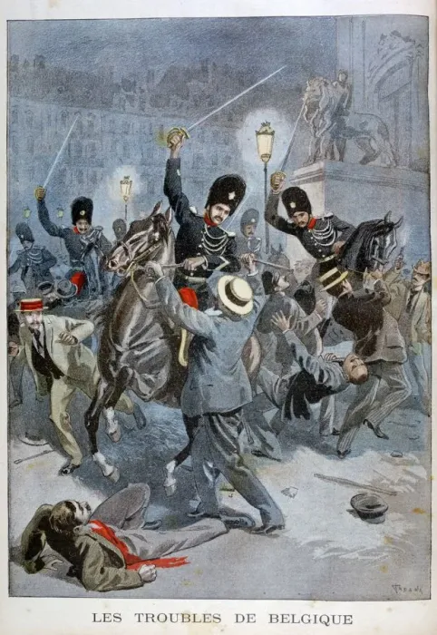 Framed Print : Trouble in Belgium, 1899. Artist: Oswaldo Tofani Framed Print : Trouble in Belgium, 1899. Artist: Oswaldo Tofani