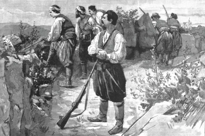 Framed Print : The Troubles in Crete--Insurgents in a mountain fastness on the look-out for the Turkish troops, Creator: Unknown Framed Print : The Troubles in Crete--Insurgents in a mountain fastness on the look-out for the Turkish troops, Creator: Unknown