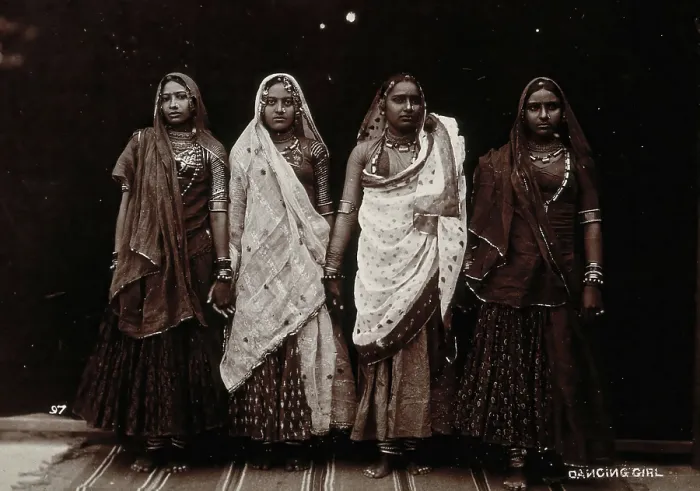 Framed Print : A troupe of nautch dancing girls, standing in a line holding hands, in a studio setting, c1900. Creator: Unknown Framed Print : A troupe of nautch dancing girls, standing in a line holding hands, in a studio setting, c1900. Creator: Unknown