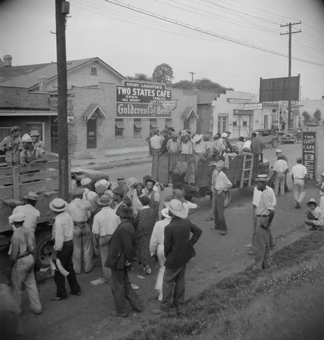 Framed Print : Truck loads of cotton hoers going from Memphis, Tennessee into Arkansas, 1937. Creator: Dorothea Lange Framed Print : Truck loads of cotton hoers going from Memphis, Tennessee into Arkansas, 1937. Creator: Dorothea Lange