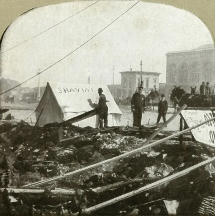 Framed Print : True grit - Barber painting sign on tent stretched on sidewalk of former place, 1906 Framed Print : True grit - Barber painting sign on tent stretched on sidewalk of former place, 1906
