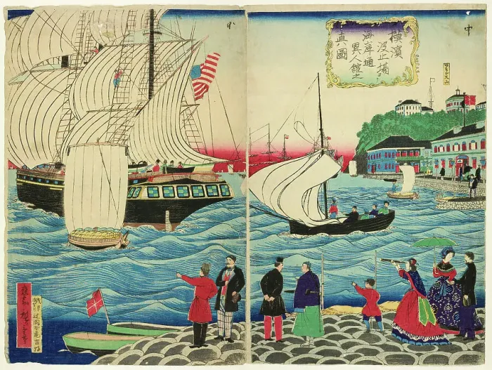 Framed Print : True View of the Foreign Buildings along the Waterfront Seen from the Yokohama Wharves... c. 1875. Creator: Utagawa Hiroshige II Framed Print : True View of the Foreign Buildings along the Waterfront Seen from the Yokohama Wharves... c. 1875. Creator: Utagawa Hiroshige II