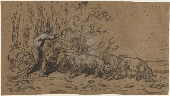 Framed Print : The Truffle Gatherers, c. 1849. Creator: Charles-Emile Jacque (French, 1813-1894) Framed Print : The Truffle Gatherers, c. 1849. Creator: Charles-Emile Jacque (French, 1813-1894)