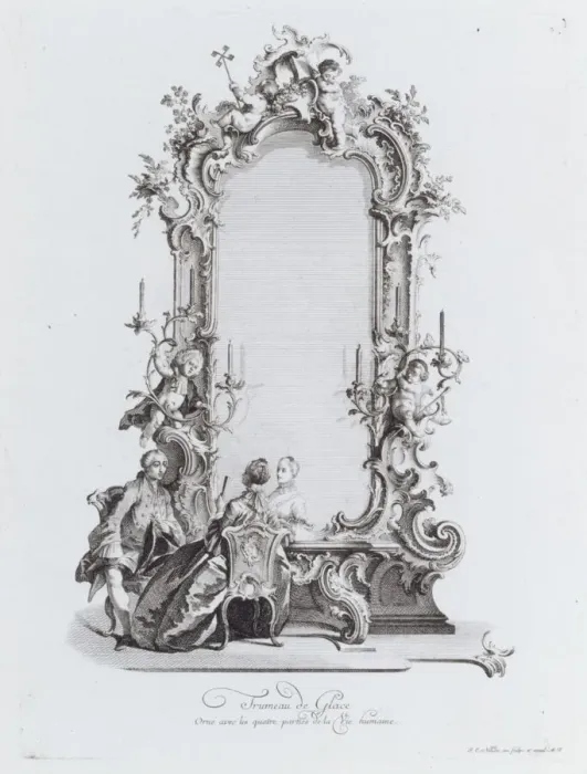 Framed Print : Trumeau de Glace, Orneavec les quatres parties de la Vie humaine, 18th century. Creator: Johann Esaias Nilson Framed Print : Trumeau de Glace, Orneavec les quatres parties de la Vie humaine, 18th century. Creator: Johann Esaias Nilson