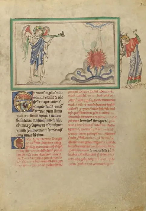 Framed Print : The Third Trumpet: The Burning Star Falls into the River; Dyson Perrins Apocalypse, about 1255-1260. Creator: Unknown Framed Print : The Third Trumpet: The Burning Star Falls into the River; Dyson Perrins Apocalypse, about 1255-1260. Creator: Unknown