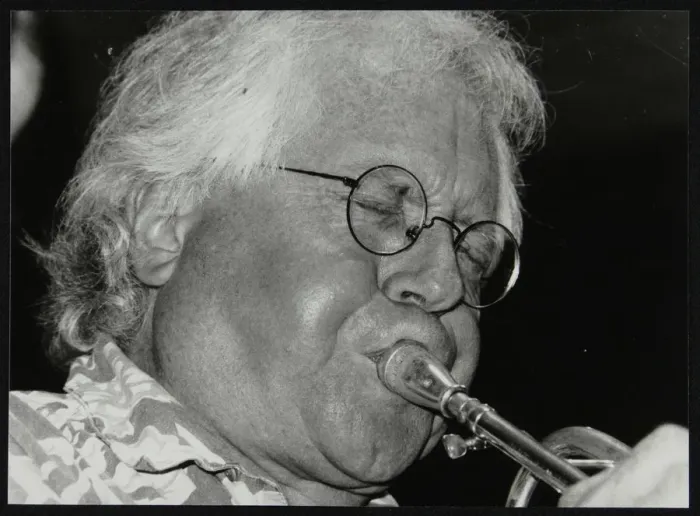 Framed Print : Trumpeter Henry Lowther playing at The Fairway, Welwyn Garden City, Hertfordshire, 1 October 2000 Framed Print : Trumpeter Henry Lowther playing at The Fairway, Welwyn Garden City, Hertfordshire, 1 October 2000