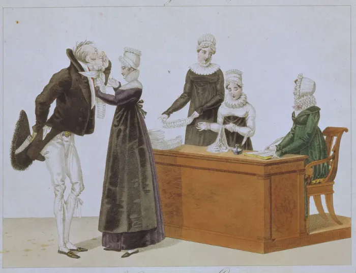 Framed Print : Trying on Jabot, c. 1815. Artist: Anonymous Framed Print : Trying on Jabot, c. 1815. Artist: Anonymous