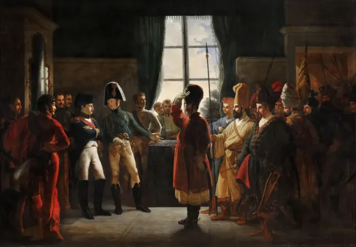 Framed Print : Tsar Alexander I presenting the Kalmyks, Cossacks and Bashkirs of Russian army to Napoleon I, Tilsit Artist: Bergeret, Pierre-Nolasque (1782-1863) Framed Print : Tsar Alexander I presenting the Kalmyks, Cossacks and Bashkirs of Russian army to Napoleon I, Tilsit Artist: Bergeret, Pierre-Nolasque (1782-1863)