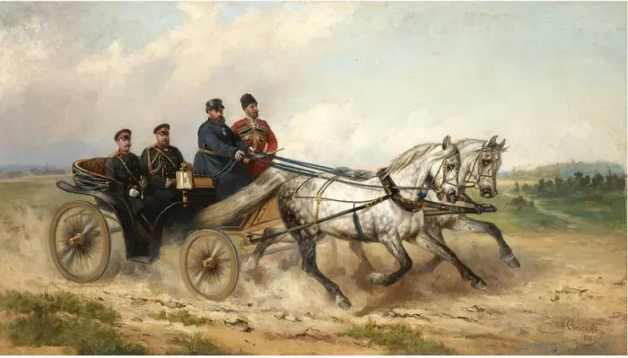 Framed Print : Tsar Alexander III and Kaiser Wilhelm II in a landau, 1888. Artist: Sverchkov, Nikolai Yegorovich (1817-1898)