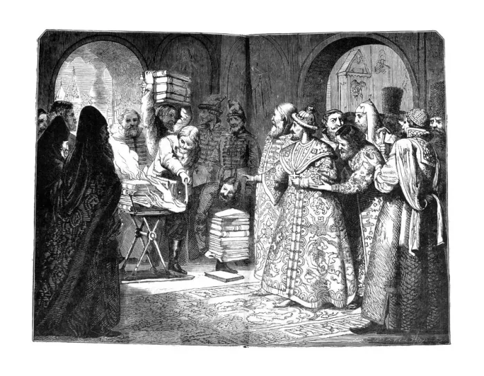 Framed Print : Tsar Fyodor III burn the Books of Russian Nobility 1682, 1880s. Artist: Dmitriev-Orenburgsky, Nikolai Dmitrievich (1837-1898)