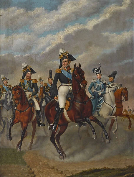 Tsar Nicholas I of Russia with Tsarevich Alexander and his Retinue. Creator: Krüger