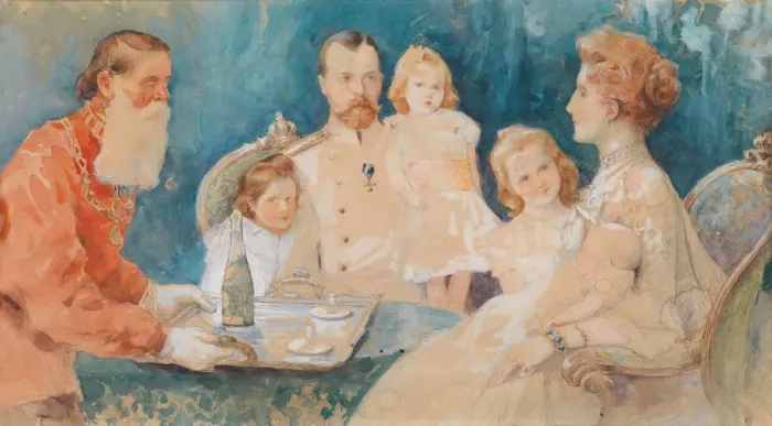 Framed Print : Tsar Nicholas II and Alexandra Fyodorovna with their Daughters Olga, Tatiana, Maria und Anastasia (a Artist: Samokish-Sudkovskaya, Elena Petrovna (1863-1924) Framed Print : Tsar Nicholas II and Alexandra Fyodorovna with their Daughters Olga, Tatiana, Maria und Anastasia (a Artist: Samokish-Sudkovskaya, Elena Petrovna (1863-1924)