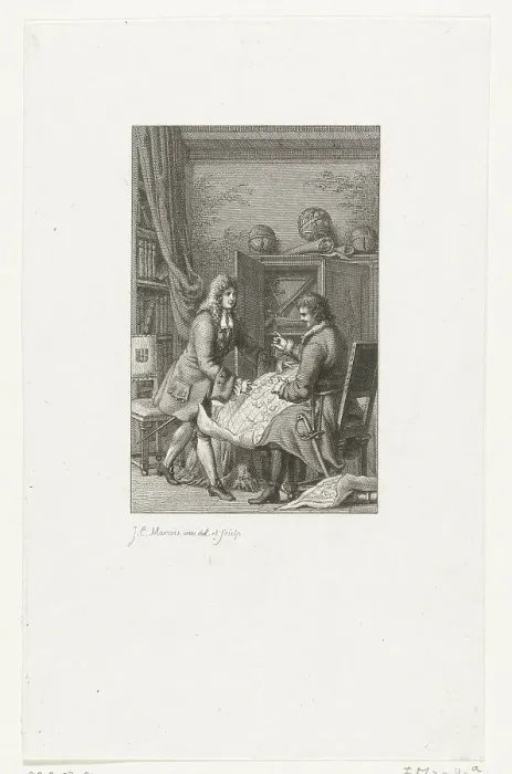 Framed Print : Tsar Peter the Great and Mayor Nicolaes Witsen studying a map, 1814. Artist: Marcus, Jacob Ernst (1774-1826) Framed Print : Tsar Peter the Great and Mayor Nicolaes Witsen studying a map, 1814. Artist: Marcus, Jacob Ernst (1774-1826)