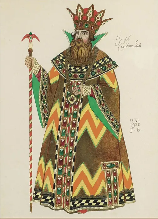 Framed Print : Tsar Saltan. Costume design for the opera The Tale of Tsar Saltan by N. Rimsky-Korsakov, 1928. Artist: Bilibin, Ivan Yakovlevich (1876-1942) Framed Print : Tsar Saltan. Costume design for the opera The Tale of Tsar Saltan by N. Rimsky-Korsakov, 1928. Artist: Bilibin, Ivan Yakovlevich (1876-1942)