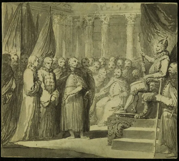 Framed Print : Tsar Vasili IV Ivanovich Shuisky before the King Sigismund III Vasa, Late 18th cent Artist: Smuglewicz, Franciszek (1745-1807) Framed Print : Tsar Vasili IV Ivanovich Shuisky before the King Sigismund III Vasa, Late 18th cent Artist: Smuglewicz, Franciszek (1745-1807)