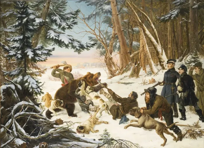 Framed Print : The Tsarevich Alexander Nikolaevich on a Bear hunt on the Outskirts a Moscow, 1843. Artist: Grashof, Otto (1812-1876) Framed Print : The Tsarevich Alexander Nikolaevich on a Bear hunt on the Outskirts a Moscow, 1843. Artist: Grashof, Otto (1812-1876)