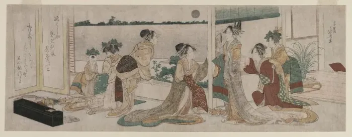 Framed Print : Tsukasa and Other Courtesans of the Ogiya Watching the Autumn Moon Rise... 1799. Creator Framed Print : Tsukasa and Other Courtesans of the Ogiya Watching the Autumn Moon Rise... 1799. Creator