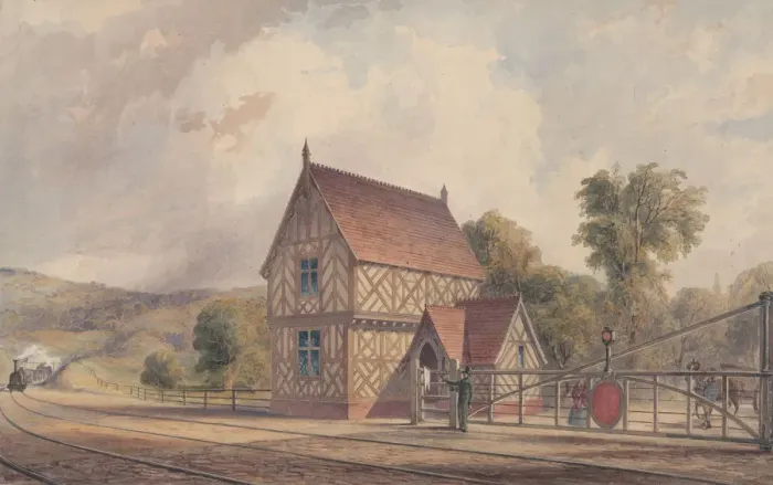Framed Print : Tudor Style Rural Train Station and Railroad Crossing, 1844-77 Framed Print : Tudor Style Rural Train Station and Railroad Crossing, 1844-77