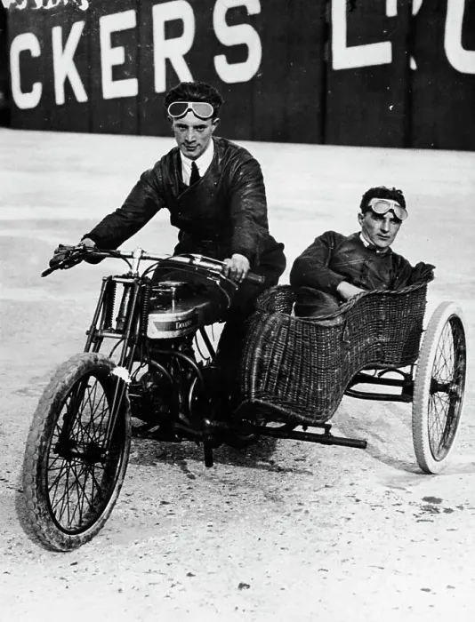 Framed Print : Tudor and Thompson riding a motorcycle and sidecar Framed Print : Tudor and Thompson riding a motorcycle and sidecar