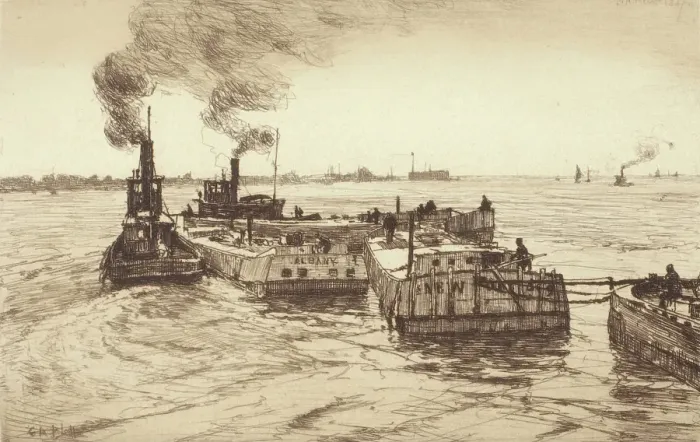Framed Print : Tugboats and Barges, 1887. Creator: Charles Adam Platt Framed Print : Tugboats and Barges, 1887. Creator: Charles Adam Platt